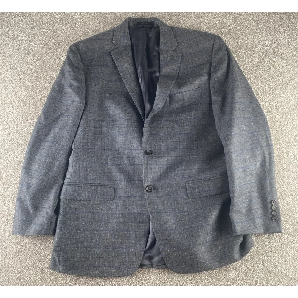 Lauren Ralph Lauren Gray/Blue Window Pane Blazer Mens 44R Wool/Silk/Linen Preppy